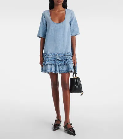 Ganni Ruffled Denim Minidress In Blue