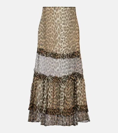 Ganni Animal Print Flared Layered Leopard Skirt