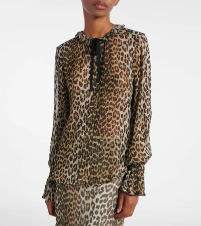 Ganni Printed Viscose Chiffon Tie String Shirt Shirts Animalier In Animal Print