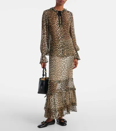 Ganni Animal Print Flared Layered Leopard Skirt