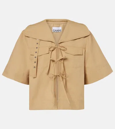 Ganni Bow-detail Cotton And Linen Top