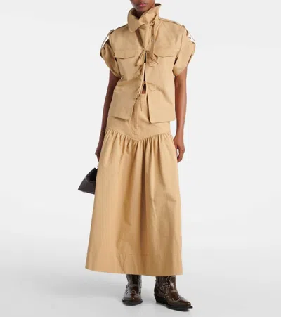 Ganni Gathered Cotton And Linen Maxi Skirt In Brown
