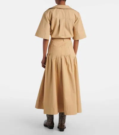 Ganni Gathered Cotton And Linen Maxi Skirt In Brown