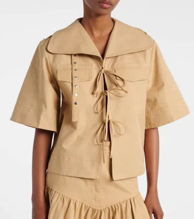 Ganni Bow-detail Cotton And Linen Top