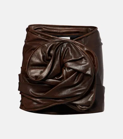 Magda Butrym Rose-draped Leather Mini Skirt In Brown