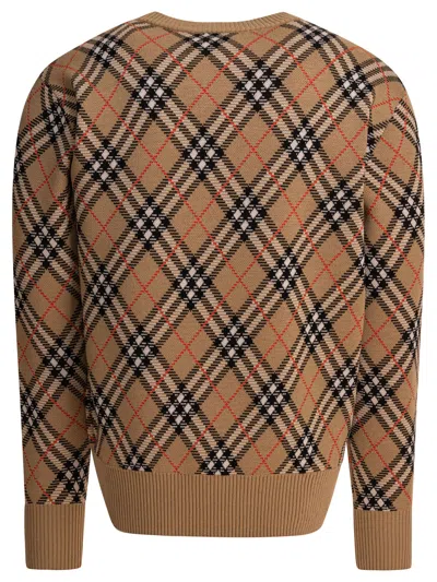 Burberry Check-pattern Wool Crew Neck Sweater Clothing In Brown