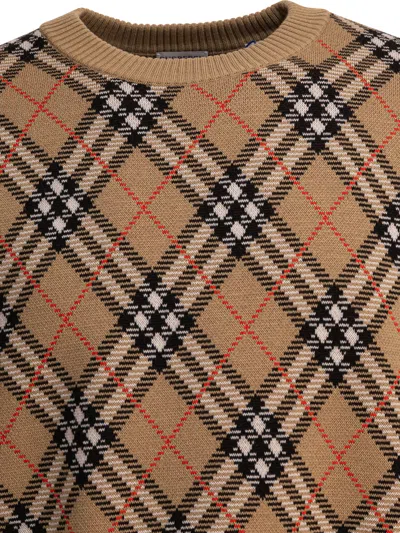 Burberry Check-pattern Wool Crew Neck Sweater Clothing In Brown