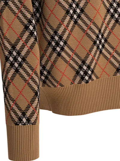 Burberry Check-pattern Wool Crew Neck Sweater Clothing In Brown
