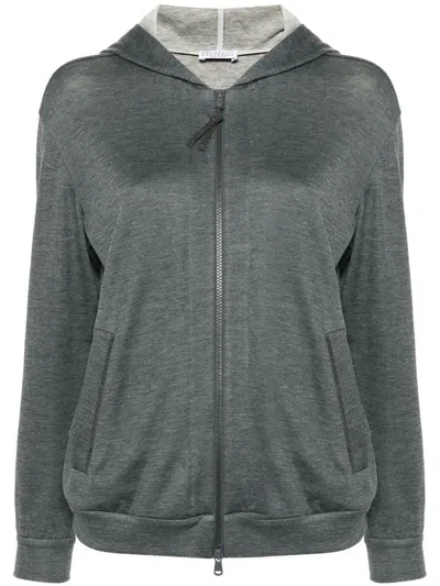 Brunello Cucinelli Cotton And Silk Blend Hooded Zipped Cardigan In Gray
