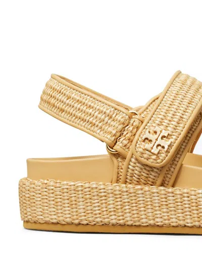 Tory Burch Raffia Kira Open Toe Textured Sole Sandals In Gold