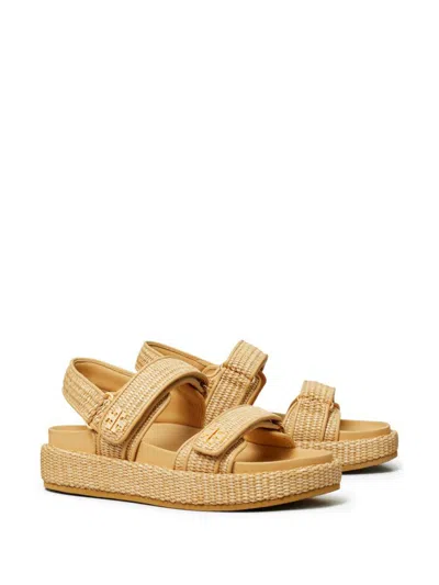 Tory Burch Raffia Kira Open Toe Textured Sole Sandals In Gold