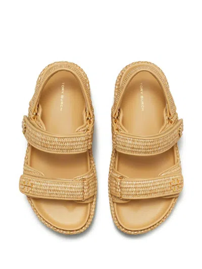 Tory Burch Raffia Kira Open Toe Textured Sole Sandals In Gold