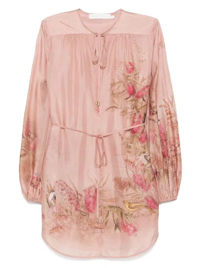 Zimmermann Printed Silk Top With Button And Tie In Pink