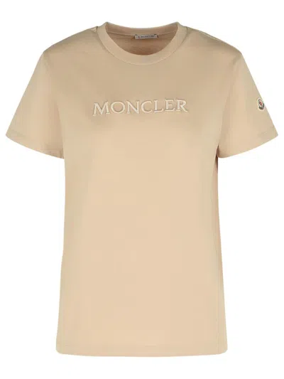 Moncler Ribbed Neutrals Cotton T-shirt With Embossed Logo Details In Neutral