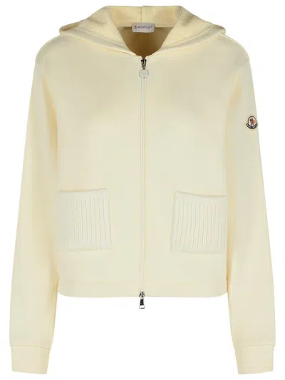 Moncler Cream Cotton Blend Hooded Sweatshirt With Zip