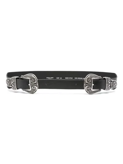 Golden Goose Black Leather Belt With Ornate Silver-tone Buckle In Black