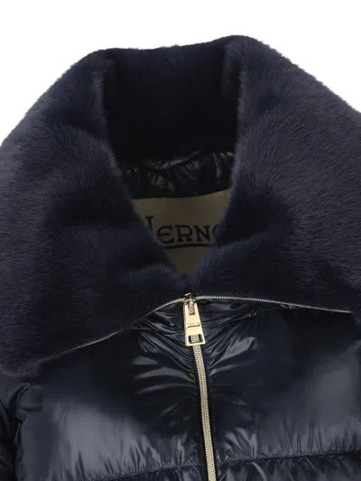 Herno Faux Fur And Quilted Nylon Down Bomber Jacket In Blue