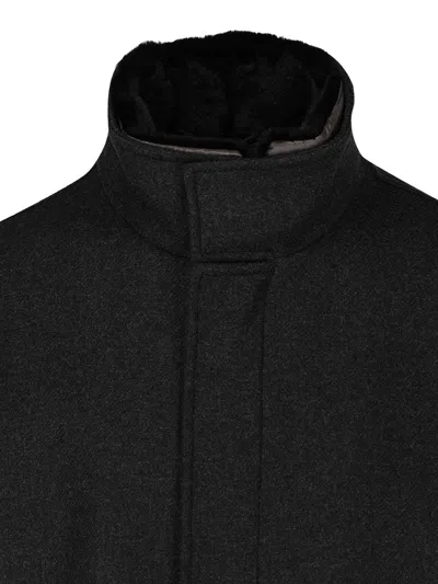 Herno Antracite Coat With Zip And Buttons Closure In Black