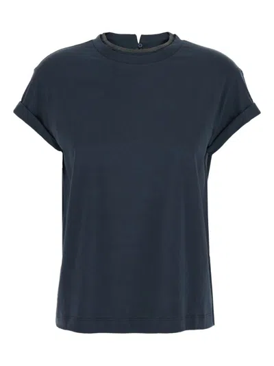Brunello Cucinelli Blue Crewneck T-shirt With Monil Detail On The Collar And Rear Cut-out In Cotton Stretch Woman In Blue
