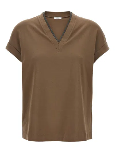 Brunello Cucinelli Rolled Cuffs V-neck Short Sleeve Top