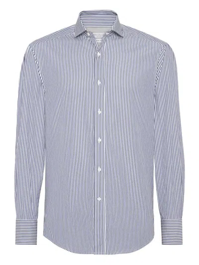 Brunello Cucinelli Striped Cotton Shirt With Button-down Collar In Blue