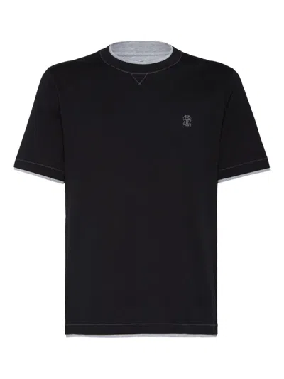 Brunello Cucinelli Logo Crew Neck Cotton T-shirt With Contrast Trim In Black