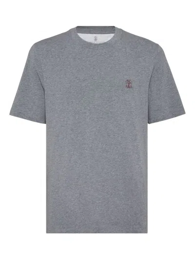 Brunello Cucinelli Men Logo Cotton T-shirt In Gray