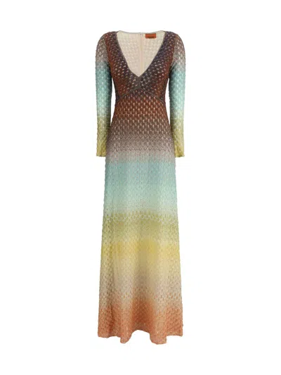 Missoni Plunging Metallic Ombre Knit Long-sleeve Maxi Dress In Multi