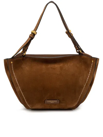 Gianni Chiarini Suede Shoulder Bag With Adjustable Strap And Contrast Stitching In Brown