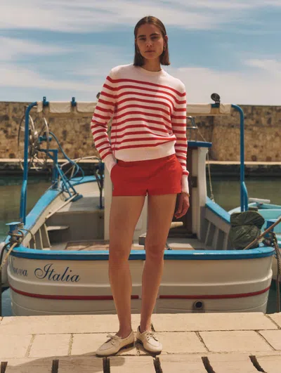 White + Warren Cashmere Striped Crewneck Top In Soft White/french Red