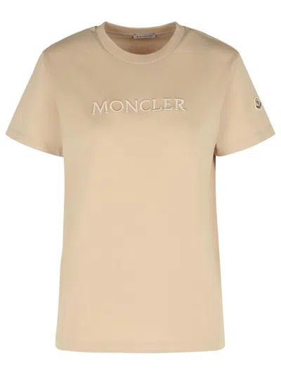 Moncler Ribbed Neutrals Cotton T-shirt With Embossed Logo Details In Neutral