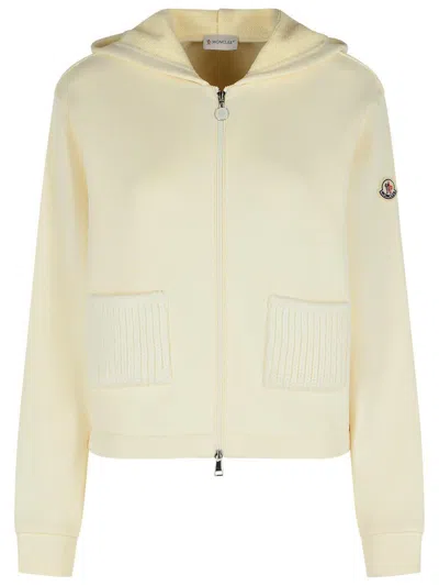 Moncler Cream Cotton Blend Hooded Sweatshirt With Zip In Multi