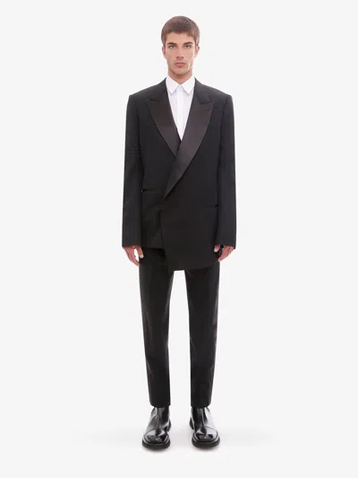 Alexander Mcqueen Men Wool Tuxedo Trouser With Satin Details In Black