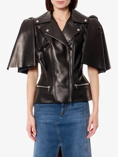 Alexander Mcqueen Women Sleeveless Leather Jacket With Knotted Drapery In Black