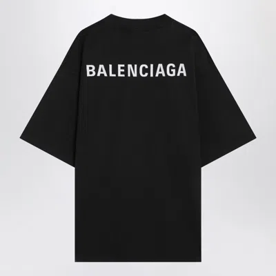 Balenciaga Men Black Crewneck T-shirt With Logo Lettering On The Front And Logo Patch On The Sleeve  In Black