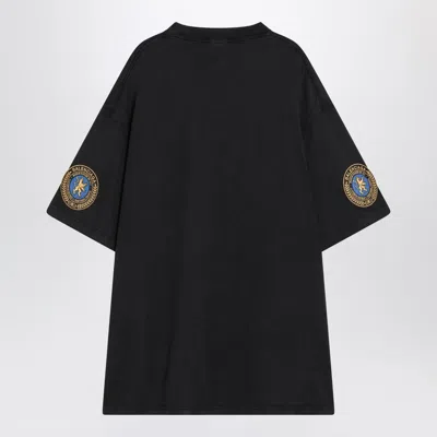 Balenciaga Men Black Crewneck T-shirt With Logo Lettering On The Front And Logo Patch On The Sleeve  In Multi