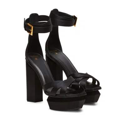 Balmain Block Heel Leather Sandals With Crossover Detail In Black