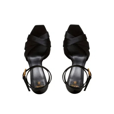 Balmain Block Heel Leather Sandals With Crossover Detail In Black
