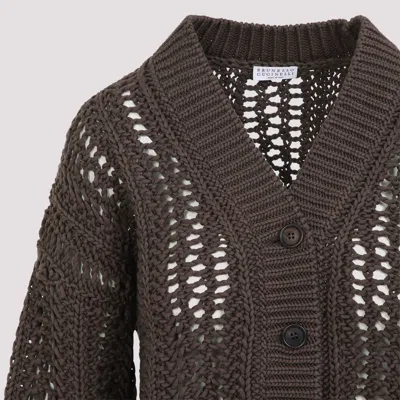 Brunello Cucinelli Cropped Open-knit Cardigan With Deep V-neckline