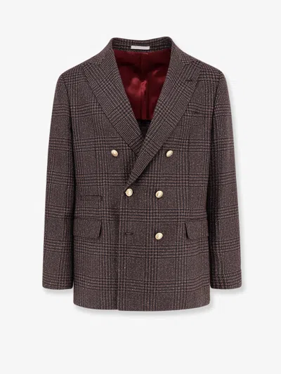 Brunello Cucinelli Wool Blend Blazer With Prince Of Wales Pattern In Brown