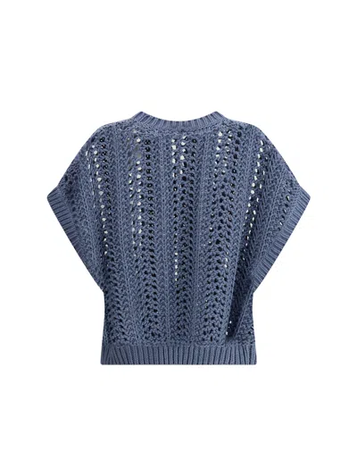 Brunello Cucinelli Knit Vest Lace Detail In Blue