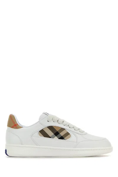 Burberry White Leather Sneaker Terrace And Check In Yellow