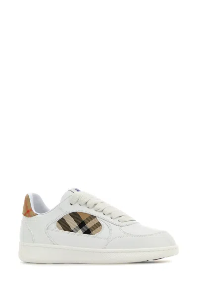 Burberry White Leather Sneaker Terrace And Check In Yellow