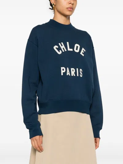 Chloé Blue Crewneck Sweatshirt With Logo Lettering Print In Cotton Woman