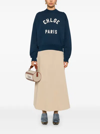 Chloé Blue Crewneck Sweatshirt With Logo Lettering Print In Cotton Woman