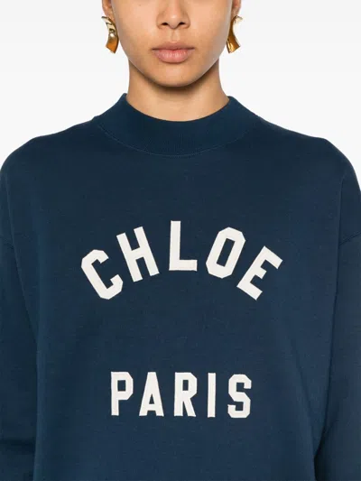 Chloé Blue Crewneck Sweatshirt With Logo Lettering Print In Cotton Woman