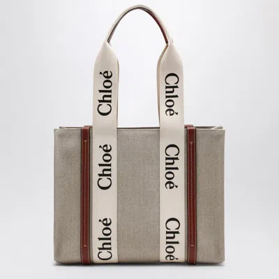 Chloé Woody Medium Bag In Beige Canvas Women