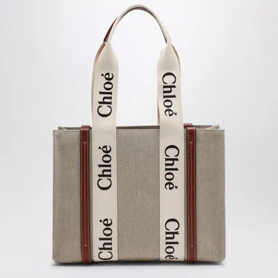 Chloé Woody Medium Bag In Beige Canvas Women