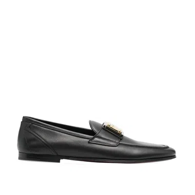 Dolce & Gabbana Logo Plaque Calf Leather Loafers In Black