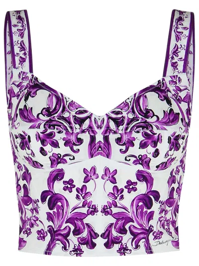 Dolce & Gabbana Violet Top With Sweetheart Neckline And All-over Graphic Print In Cotton Blend Woman In Purple
